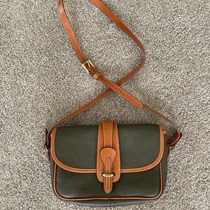 Vintage Dooney & Bourke pebbled cross-body bag in green and English tan.